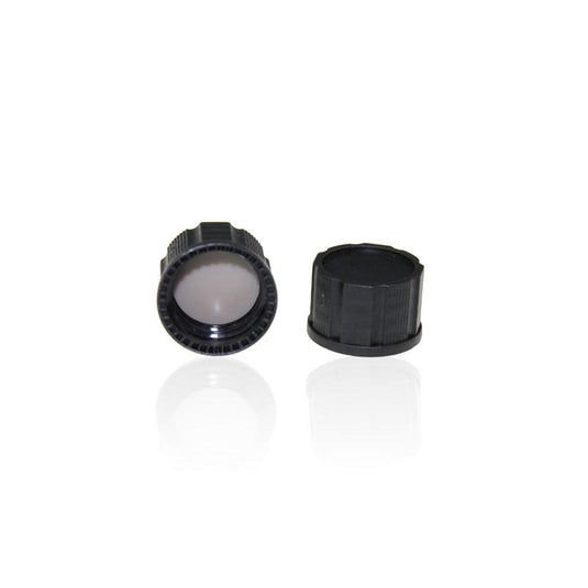 18-400 Black Closed PP Top Cap, with Natural PTFE/White Silicone Septa 1.5mm Thick. 100pcs/pk