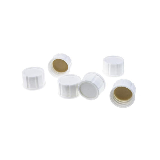 18-400 White Closed PP Top Cap, with Natural PTFE/White Silicone Septa 1.5mm Thick. 100pcs/pk