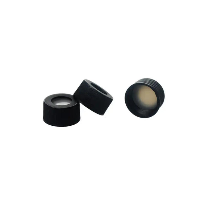 24-400 Black Open Top PP Screw Cap with 22mm Natural PTFE/Natural Silicone Septa 3mm Thick. 100pcs/pk.