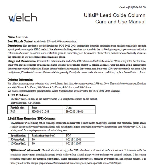 Ultisil Lead Oxide Column Care and Use Manual